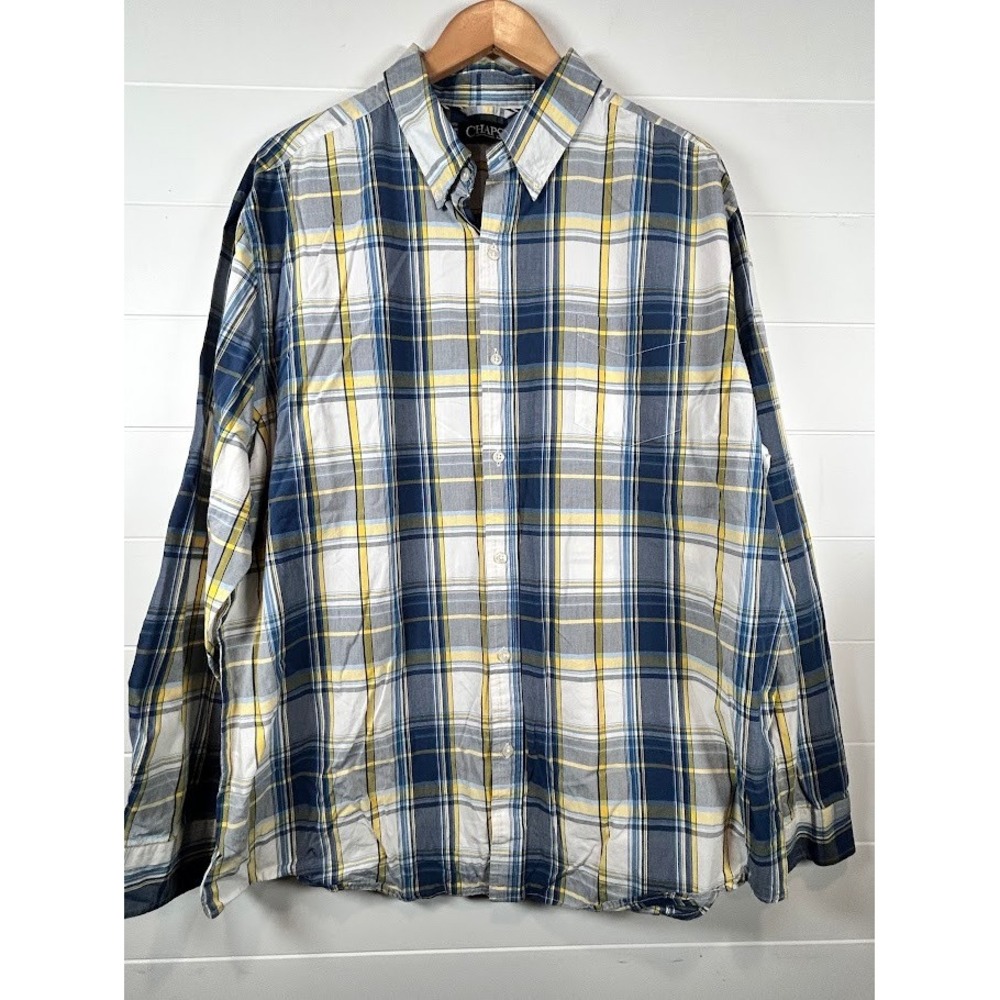 Chaps Mens Plaid Button Down Long Sleeve Shirt XXL Blue Yellow White